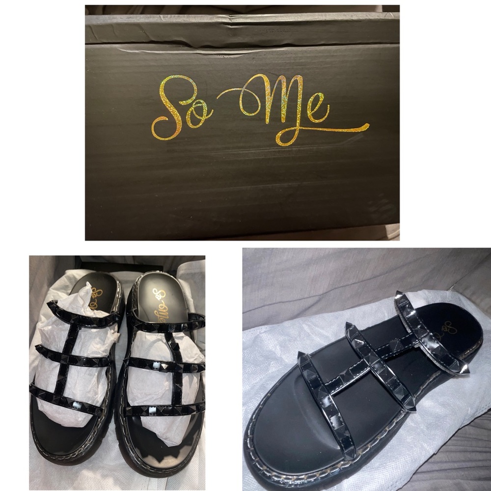 Black Studded Strap Sandals w/ 1inch Platform